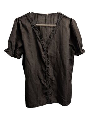 💥 Black V-Neck with Lace Trim Short Sleeve Top L
